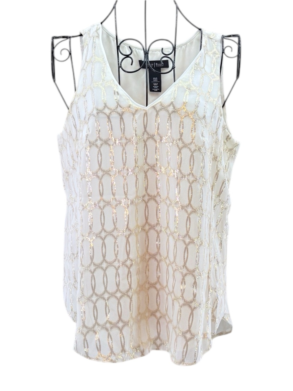 White House Black Market Silk Ivory Gold Metallic Sleeveless Blouse Size XXS